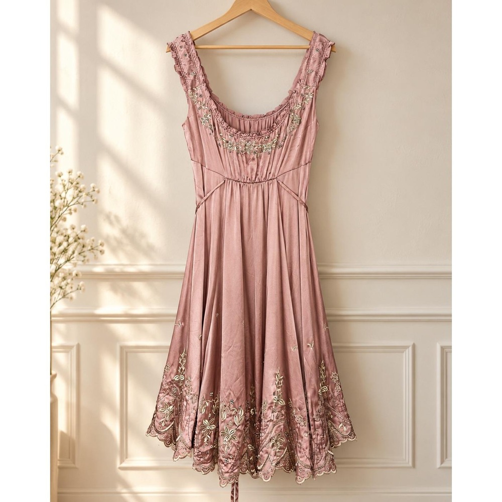 Elie Tahari Silk Embroidered Beaded Dusty Rose Dress 4 Romantic Fairycore Y2K